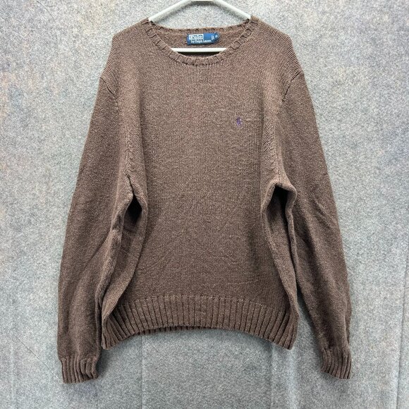 Vintage Ralph Lauren Pullover Men XL Brown Crewneck Sweatshirt Linen Knitted - Picture 1 of 9